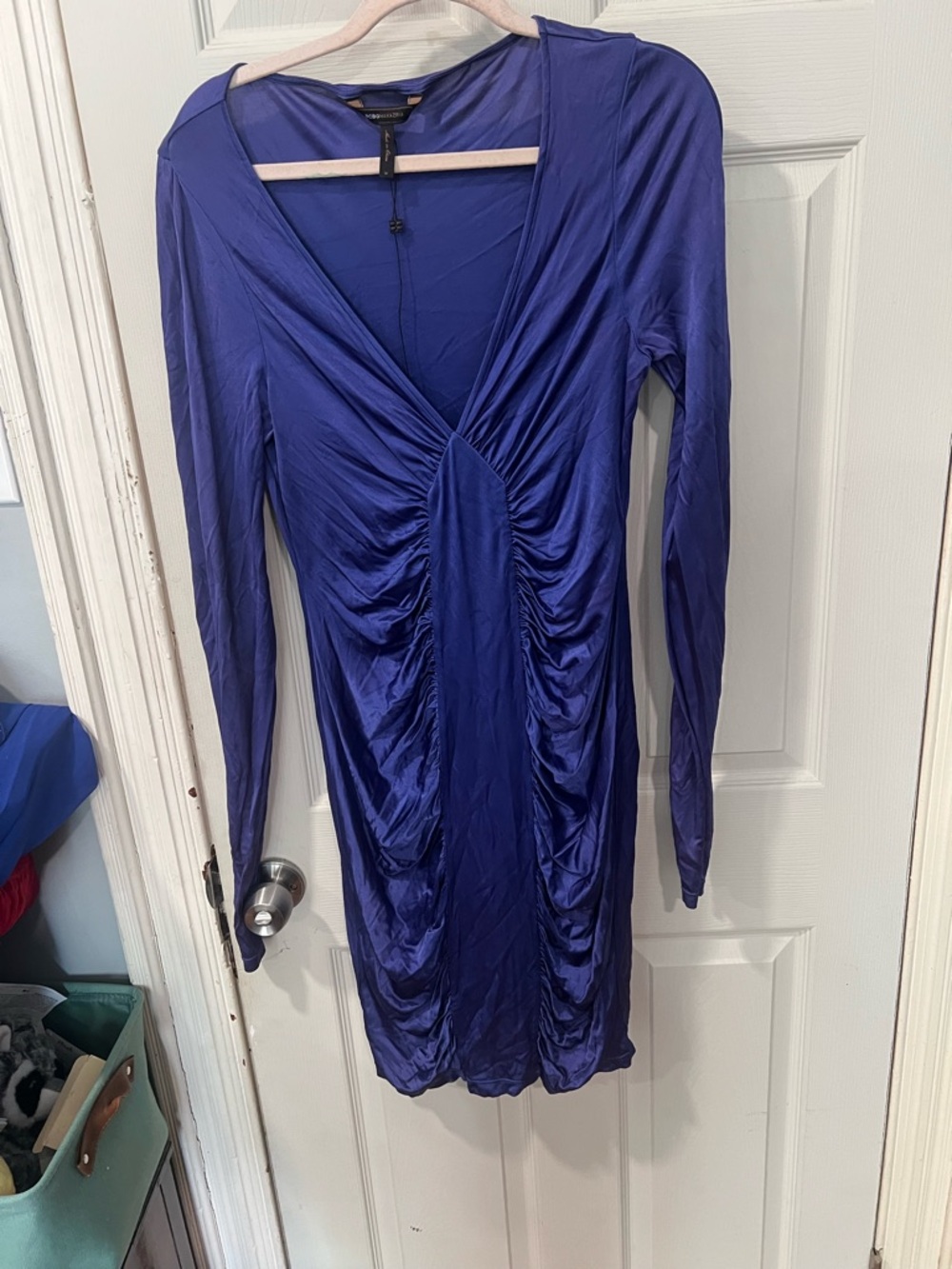 BCBGeneration Royal Blue Long Sleeve V-Neck Ruched Dress